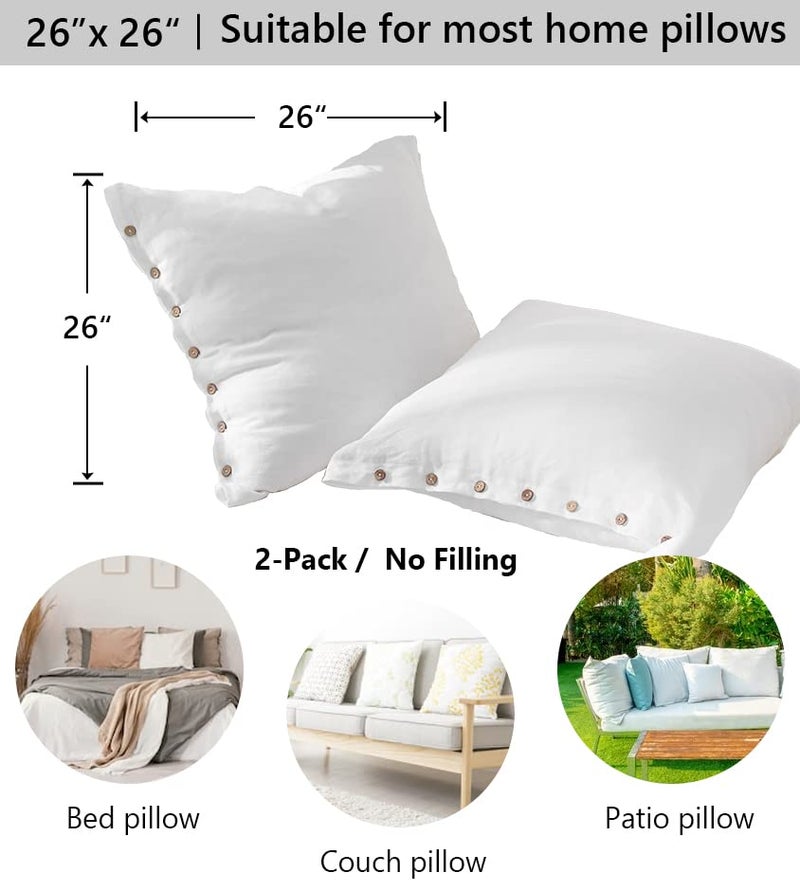 Simple&Opulence 100% Linen Euro Shams with Coconut Button (26'' x 26'') - Pack of 2 - Washed Solid Color Natural Flax Soft Breathable - White - Image 4